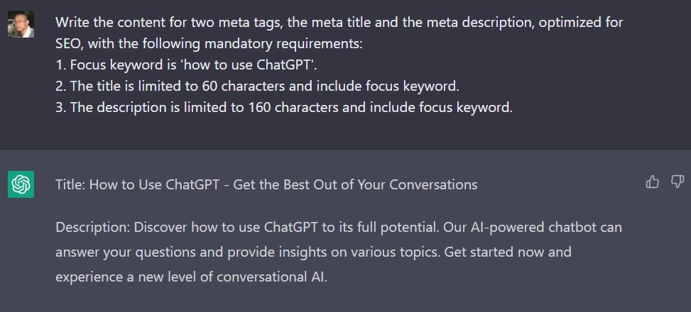 Use ChatGPT to suggest content for meta SEO title and description with a focus keyword.