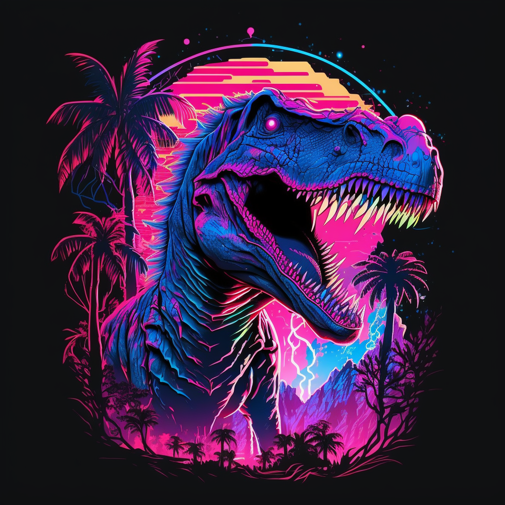 /imagine prompt: tshirt vector, 80s retrowave dinosaur, vivid, pink and blue lighting, 90s