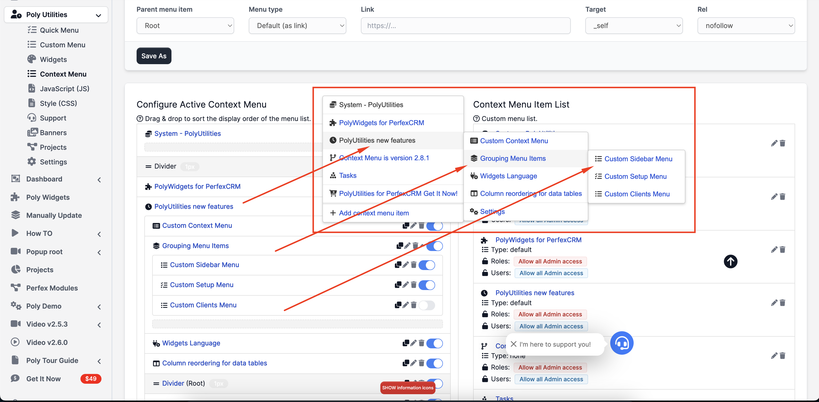 Custom Context Menu for PerfexCRM