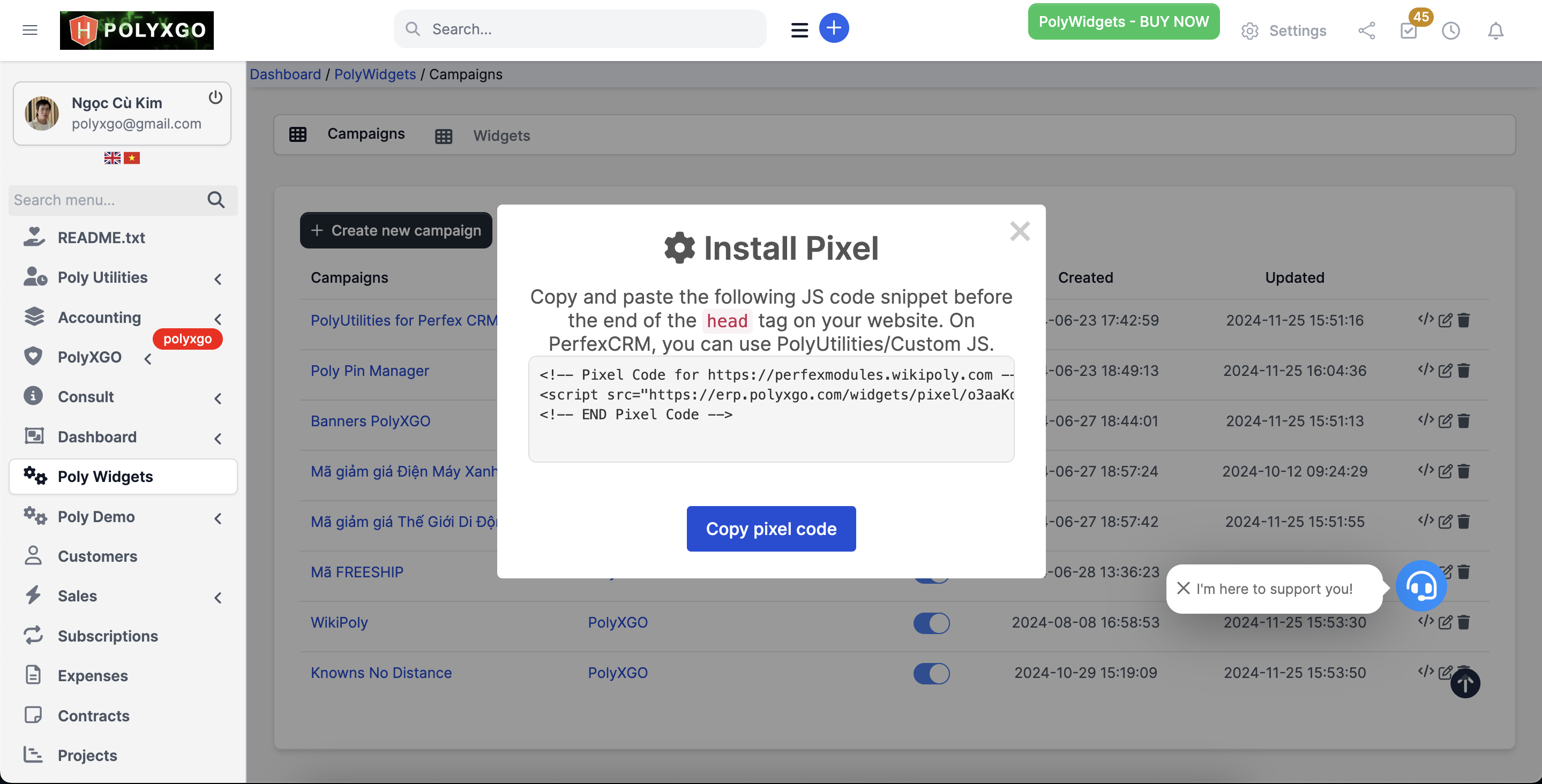 PolyWidgets Manage Campains